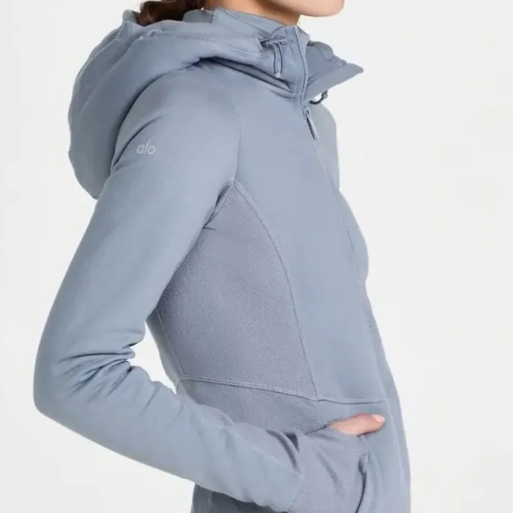 ALO YOGA Foundation Zip Hoodie bluish grey color steel blue size Small